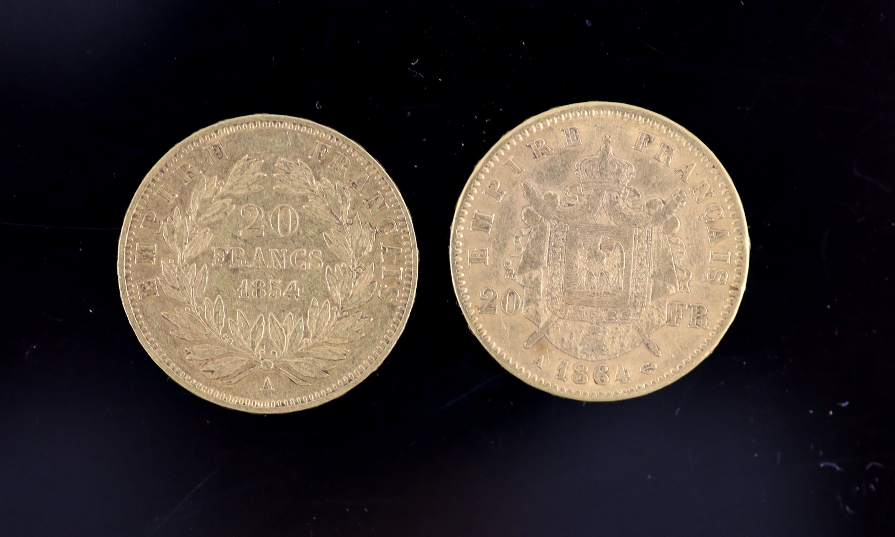 France coins, two Napoleon III gold 20 francs, 1864A, VF and 1854A good F